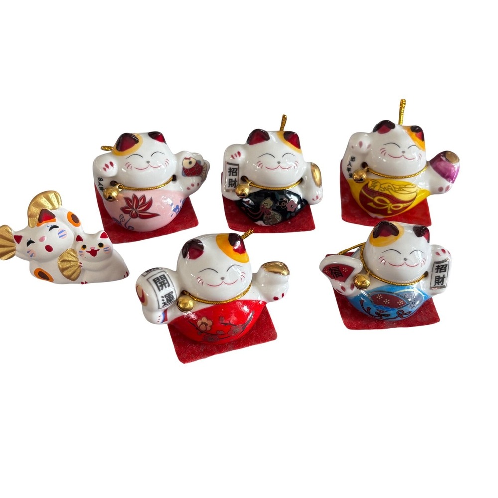 Set of 6 Maneki Neko Lucky Cat Ceramic Figurines Gold Trim 2 Inch Miniature